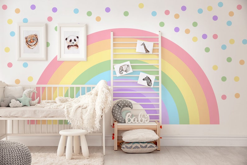 Vibrant Rainbow & Boho Dot Sticker, Large Nursery Mural, Peel Stick Applique for Girls Bedroom Decor