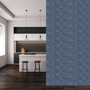 Japanese Waves Temporary Wallpaper: Navy Blue Peel and Stick (Removable)