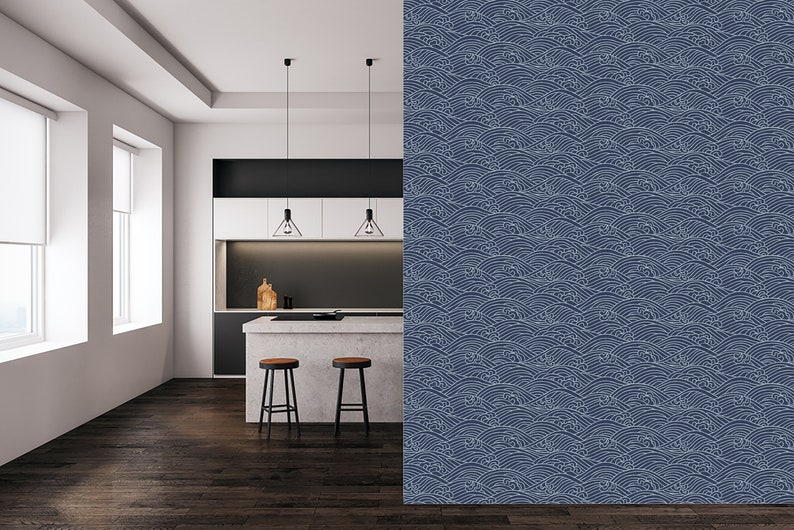 Japanese Waves Temporary Wallpaper: Navy Blue Peel and Stick (Removable)