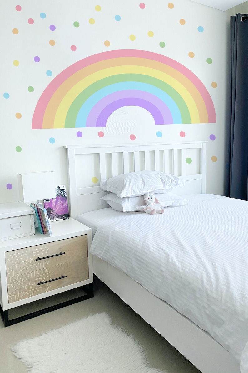 Vibrant Rainbow & Boho Dot Sticker, Large Nursery Mural, Peel Stick Applique for Girls Bedroom Decor