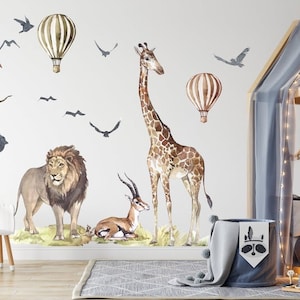 Lion and Giraffe Nursery Wall Stickers, Removable Safari Animal Decal Set, Peel and Stick Watercolor Jungle Decor for Kids or Baby Room