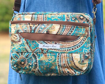 Custom Brown & Teal Bullet Journal Bag, Bible and/or Journal Cover Purse, Custom Size Zippered Book Cover, Christian Bible Purse with Pocket