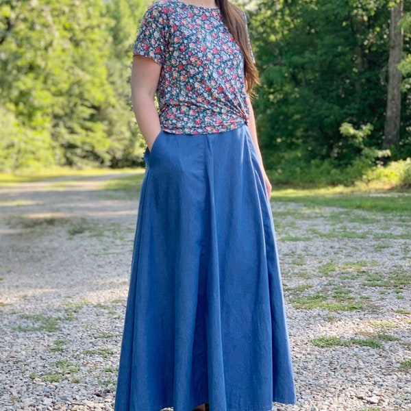 Modest Long Denim Skirt for Women, Denim Maxi Skirt with Pocket, High Waisted Evelyn Style Skirt, Aline Jean Skirt, Full Modest Denim Skirt