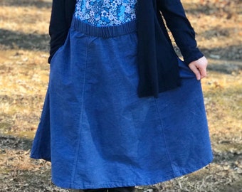 Girls' Modest Evelyn Style Skirt with Adjustable Waist, Lightweight Denim Skirt for Girls, Grow-with-Me Jean Skirt with Pockets for Toddlers