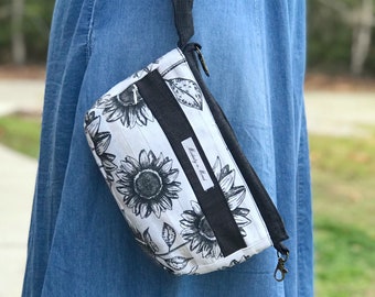 Canvas Sunflower Wristlet Purse with Pockets, Handmade Casual Wristlet for Women, Small Zippered Bag for Her, Small Crossbody Purse w/Strap,