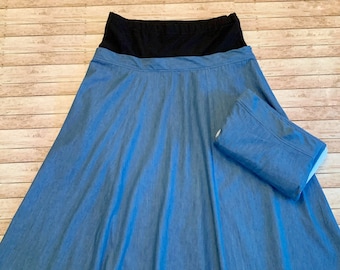 Maternity Variation of the Evelyn Style Skirt, Custom Sewn Modest Lightweight Denim Skirt for Mothers, Long Denim Skirt with Knit Waistband,