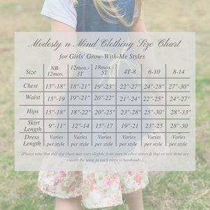 May include: A size chart for girls' clothing, showing measurements for chest, waist, hips, skirt length, and dress length. The chart includes sizes from newborn to 8-14 years old. The chart is printed on a white background with black text.