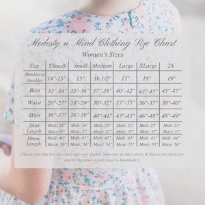 May include: A size chart for women's clothing with measurements in inches. The chart includes sizes from X-Small to 2X and lists measurements for shoulder to shoulder, bust, waist, hips, skirt length, and dress length. The chart also includes a note that the sizes may vary slightly and that all items are handmade.