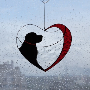 Dog Black Retriever Labrador in Red Heart Original Art Stained glass window hanging Suncatcher. Gift for animal lover, pet loss memorial.