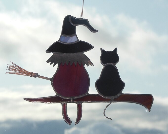 Victorian Witch With Black Cat Halloween . Art Stained Glass - Etsy
