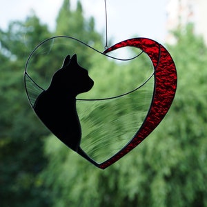 Black Cat in Red Heart . Art stained glass window hanging Suncatcher. Gift for animal lover, pet loss memorial