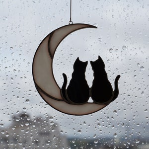 Two Black Cats On The Moon. Stained glass window hanging Suncatcher. Gift for animal lover, pet loss memorial. 2