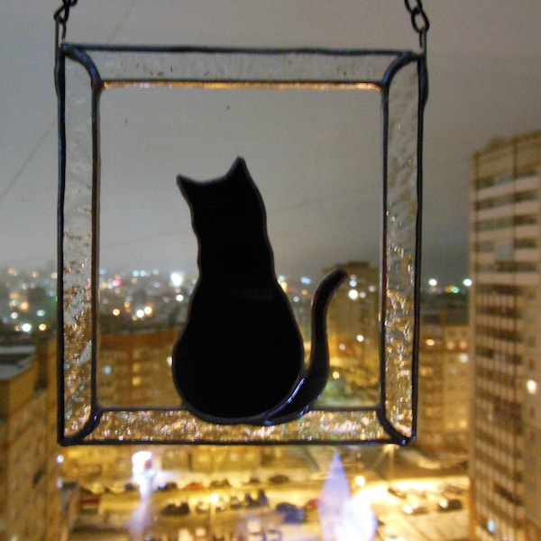 Black Cat in Frame Stained glass window hanging Suncatcher. Gift for animal lover, pet loss memorial.