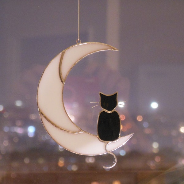 Black Cat On The Moon . Art stained glass window hanging Suncatcher. Gift for animal lover, pet loss memorial. White and black