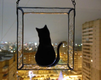 Black Cat in Frame Original Stained glass window hanging Suncatcher . Gift for animal lover, pet loss memorial .