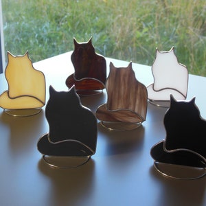 Fluffy Long Hair Cat, Stained glass window hanging or sitters on table, shelf Suncatcher,  black, white, gray, brown mottled, cocoa, amber