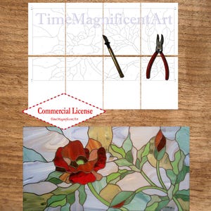 Advanced Red Poppy Flower Stained Glass Pattern: Large DIY Panel PDF Template, size 2 options - 31"x20.73" and 20"x13.38" Commercial License
