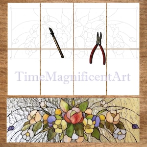 May include: A stained glass art project with a floral design. The image includes a partially completed stained glass panel with a colorful flower arrangement, along with tools and a pattern for the project. The text "TimeMagnificentArt" is visible.