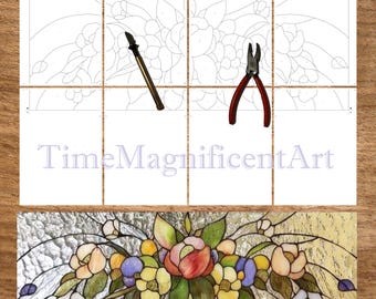 Blumenstrauß Glasmalerei-Muster für Bastler - Moderne horizontale Querbalken-Fenster-Blumentafel 2 Optionen - 30 "x 12,1" und 20 "x 8"