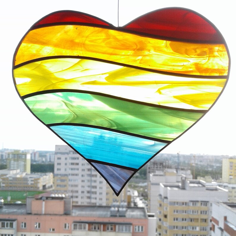 Rainbow Heart . Art Stained Glass Window Hanging Suncatcher Etsy