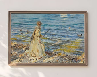 Girl Fishing - John Singer Sargent, original antique oil painting  vintage, Printable art  instant download