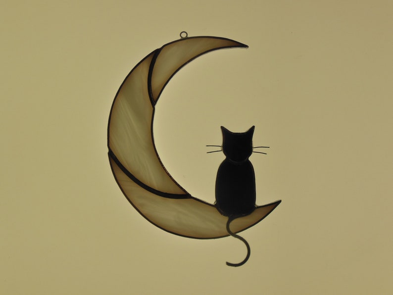 Hanging Suncatcher Black Cat On Moon stained glass window is a unique handmade decor, idea for anniversary, birthday and Christmas gift for an animal lover. This cute miniature art can decorate your home and garden outdoor decor, pet loss memorial.