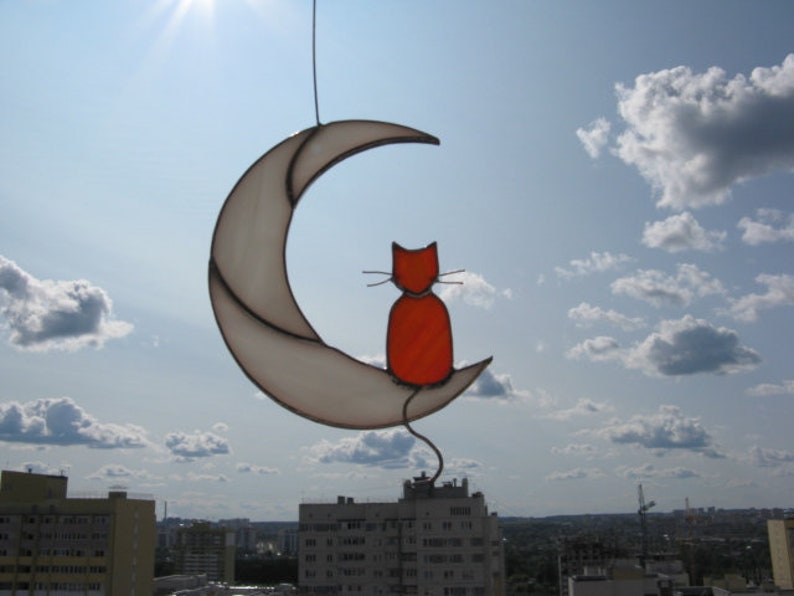 Ginger Cat On The Moon stained glass window hanging Suncatcher Etsy