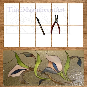 May include: A stained glass art project with a floral design, featuring a brush and pliers. The image includes a partially completed stained glass panel with a flower design and the text "TimeMagnificentArt".