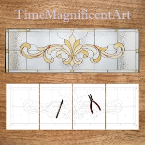 Klasyczny wzór witrażu z motywem lilii, zaawansowany szablon DIY z motywem wiktoriańskim, rozmiar 2, 30” x 9,75” i 20” x 6,5” Pobierz plik PDF