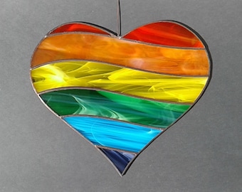 Rainbow Heart  . Art stained glass window hanging Suncatcher, LGBTQ pride