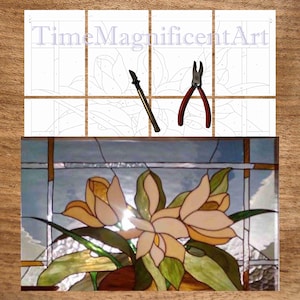 May include: A paint-by-numbers kit featuring a stained glass floral design. The kit includes a partially completed painting, a brush, and pliers. The text "TimeMagnificentArt" is visible at the top.