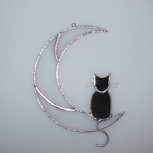 Hanging Suncatcher Black Cat On Moon stained glass window is a unique handmade decor, idea for anniversary, birthday and Christmas gift for an animal lover. This cute miniature art can decorate your home and garden outdoor decor, pet loss memorial.