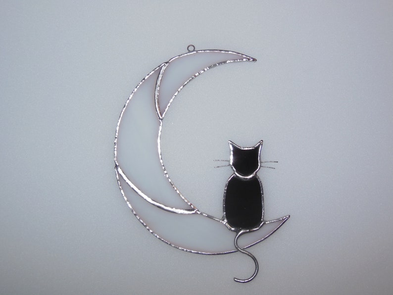 Hanging Suncatcher Black Cat On Moon stained glass window is a unique handmade decor, idea for anniversary, birthday and Christmas gift for an animal lover. This cute miniature art can decorate your home and garden outdoor decor, pet loss memorial.