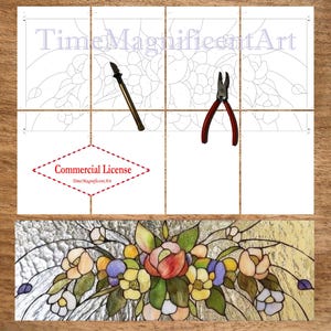 May include: A stained glass art project with a floral design, featuring a colour-by-number guide, tools, and a finished panel. The guide includes the text "TimeMagnificentArt" and "Commercial License". The finished panel showcases colourful flowers.