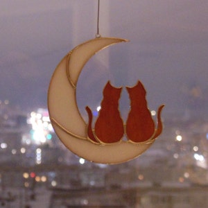 2 Ginger Cats On The Moon. Stained glass window hanging Suncatcher. Gift for animal lover, pet loss memorial, orange two