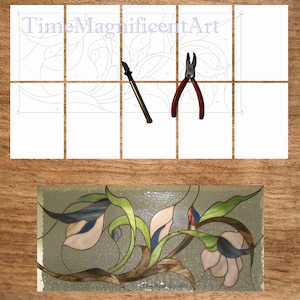 May include: A stained glass art project featuring a floral design. The image shows a partially completed stained glass panel with pink, blue, and green flowers, a pattern, a soldering iron, and pliers. The text "TimeMagnificentArt" is visible.