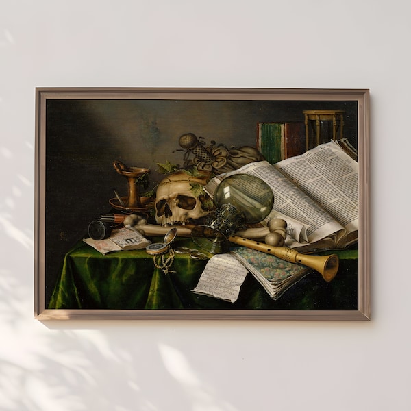 Edwaert Collier - Vanitas Still Life, Books, Manuscripts and Skull, original antique fine art  vintage, Printable art  instant download