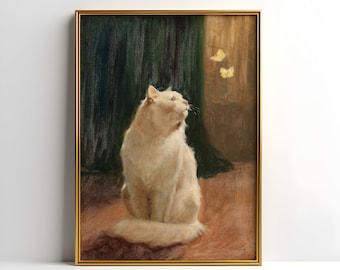 Arthur Heyer White cat, oil, cute original antique painting vintage, animal lover gift, Printable art of high resolution, instant download