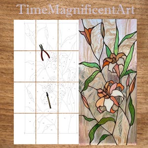 May include: A stained glass panel with a floral design of orange and white lilies and green leaves. Next to it is a paint-by-number guide with red pliers and a black stylus. The text "TimeMagnificentArt" is at the top.