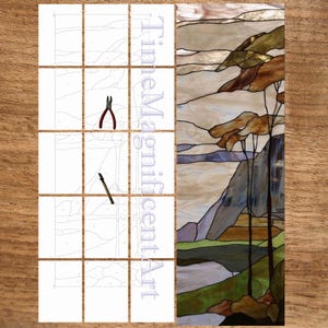 Large Vertical Mountain Landscape Stained Glass Pattern: Advanced Digital Panel Template size 2 options - 32"x10.7" and 48"x16.1"