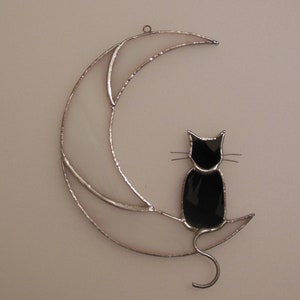 Hanging Suncatcher Black Cat On Moon stained glass window is a unique handmade decor, idea for anniversary, birthday and Christmas gift for an animal lover. This cute miniature art can decorate your home and garden outdoor decor, pet loss memorial.