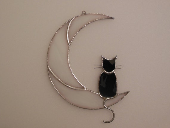 Ouwuo Cat On The Moon Hanging Suncatcher Stained Glass Lover Gift Pet Gift Black Cat On The Moon Home Decor Ornament Cute Cat