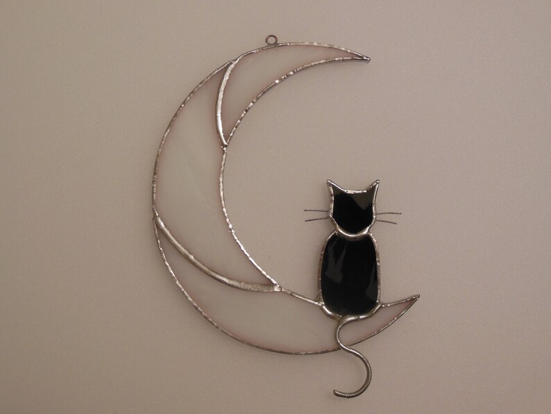 Hanging Suncatcher Black Cat On Moon stained glass window is a unique handmade decor, idea for anniversary, birthday and Christmas gift for an animal lover. This cute miniature art can decorate your home and garden outdoor decor, pet loss memorial.