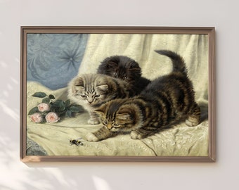 Horatio Henry Couldery, Playing Kittens, oil antique painting vintage, animal lover gift, Printable art of high resolution, instant download