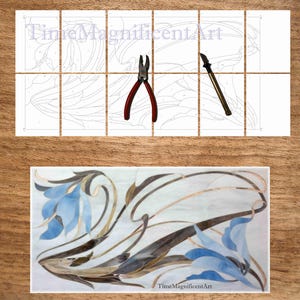 May include: A paint-by-numbers kit with a floral design, featuring blue flowers and brown stems. Includes a pair of red-handled pliers and a small, bronze-coloured tool. The text "TimeMagnificentArt" is visible.