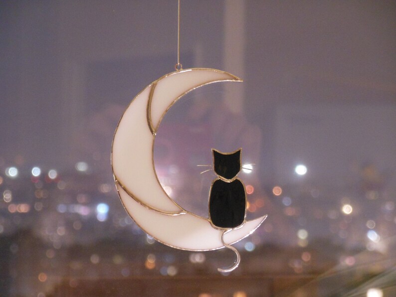 Black Cat On The Moon . Art stained glass window hanging Etsy