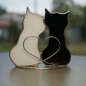 Couple in love Two Cats Original Stained glass hanging and standing on table , shelf sitters , Suncatcher black , white 2. Cute gift