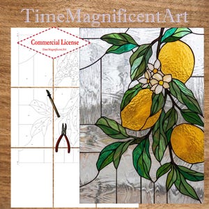 Advanced Lemon Branch Stained Glass Pattern, Citrus Panel PDF Template Commercial License, size 2 options - 24" x 17.36" and 16" x 11.57"