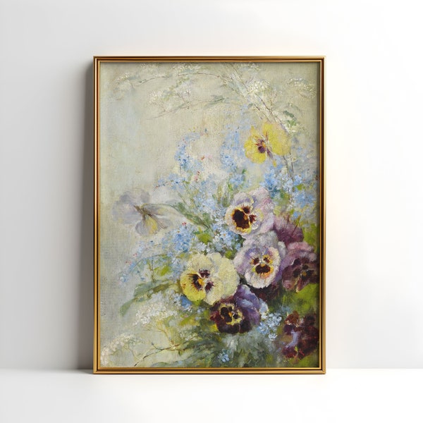 Flowers, Gioachimo Galbusera, Pansies, Nostalgia, original antique painting, oil vintage, Printable art of high resolution, instant download
