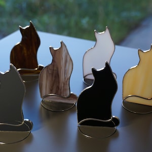 Cat Original Stained glass hanging standing shelf sitters Suncatcher, black , white, gray , brown mottled , cocoa , amber. Gift animal lover
